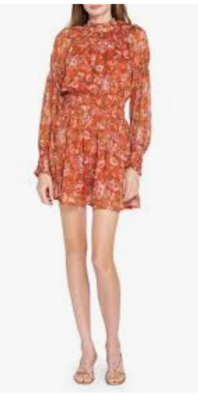 En Saison Smocked Floral Print Mini Dress In Orange Multi Womens Large
